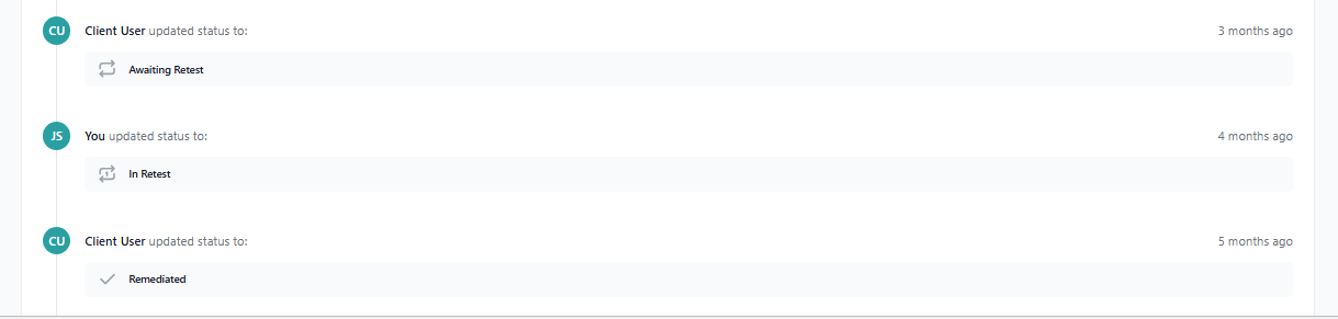 Whats Exposed portal, Remediation tracker showing status updates: Client User set Awaiting Retest, you set In Retest, Client User marked Remediated.