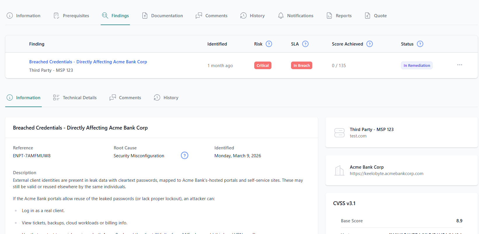 A finding row in the Whats Exposed portal Breached Credentials, Critical, In Breach of SLA, In Remediation followed by the finding detail with description and CVSS v3.1 base score.
